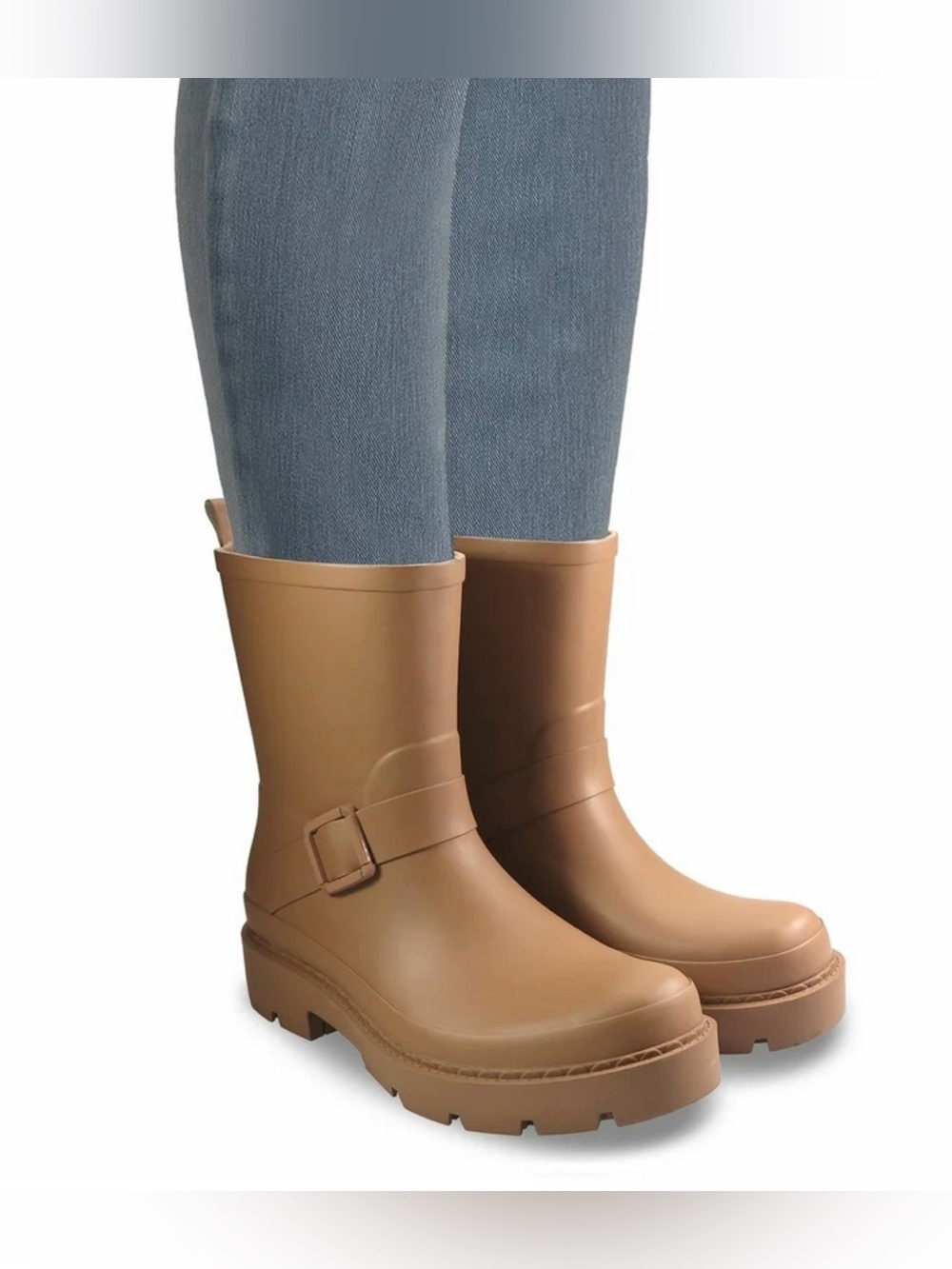 Time and Tru Women’s Tan Waterproof Mid-Calf Rain Boots with Buckle